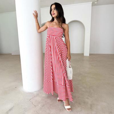 Striped Sleeveless Maxi Dress for Women Spaghetti Strap Smocked Swing Long Dress Summer Vacation Cami Sundress