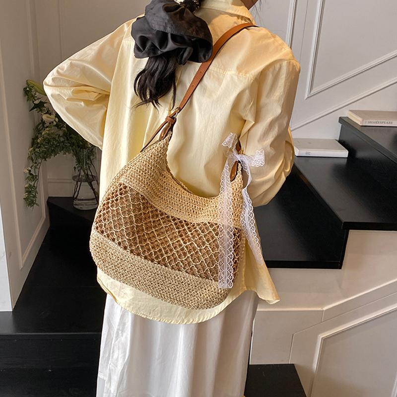 Women Hollow Shoulder Bag Large Capacity Straw Weaving Travel Handbag Adjustable Strap Shopper Tote Bag