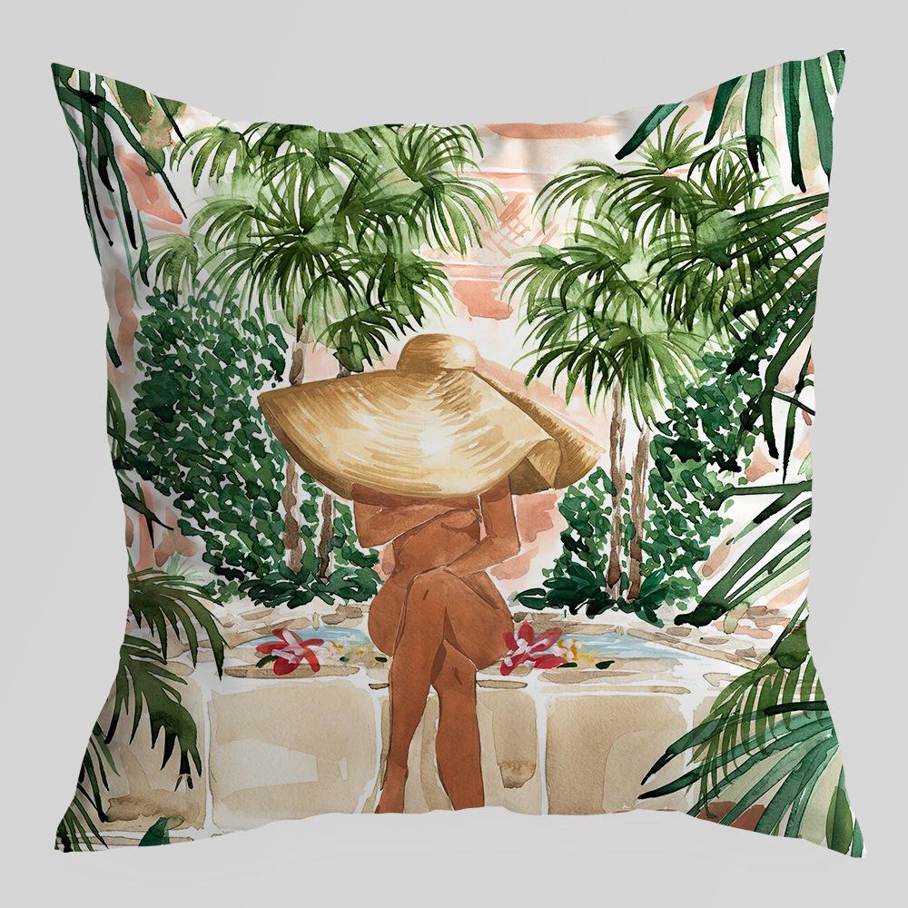 Abstract Green Plant Figures Seascape Pillow Cover Nordic Ink Painting Short Velvet Sofa Car Pillow Cushion Cover