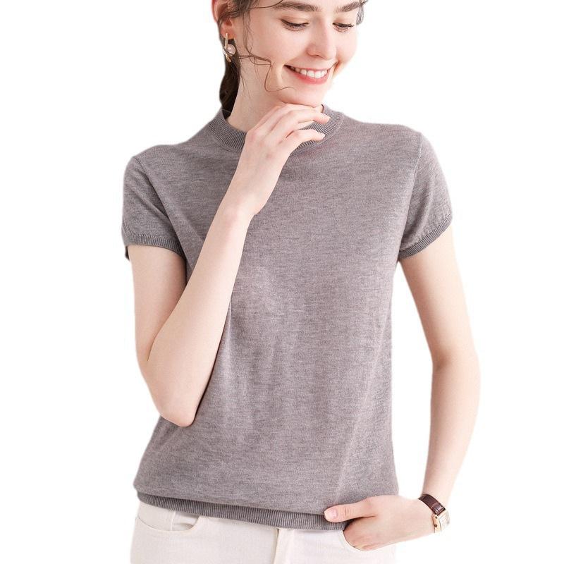 Spring/Summer Lightweight Breathable Women's Solid Color 3/4 Sleeve Knit T-shirt