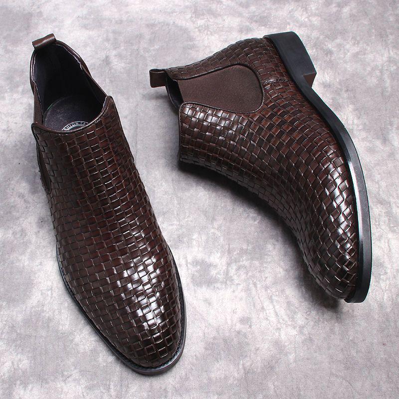 Men's Korean Style Woven Leather Slip-On Chelsea Boots