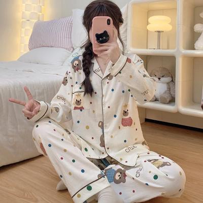 Cartoon Dot Bear Letter Print Pajamas for Women Harajuku Style Sweet Cute Women Pajama Autumn Winter New Nightwear