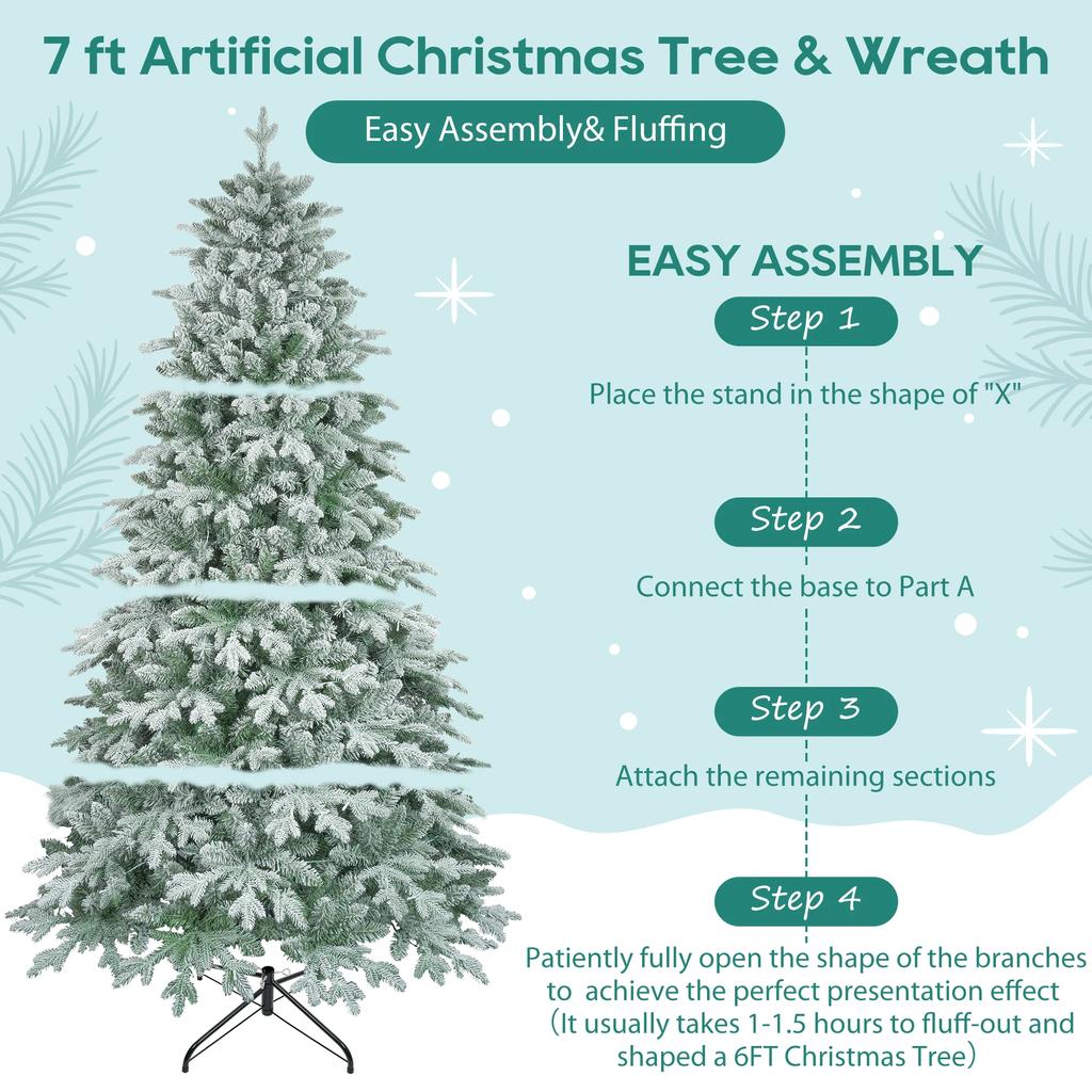 7ft Indoor Xmas Full Tree With Wreath, Artificial Xmas Tree Christmas Tree With 380 LED Lights And 1300 Tips, Indoor Xmas Tree