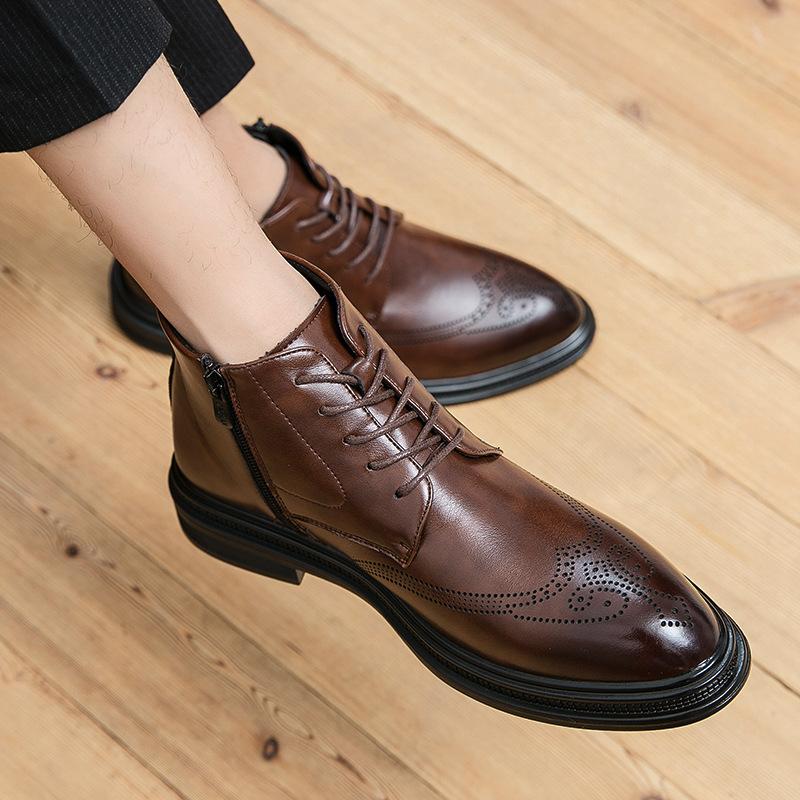 

High-top leather shoes British style autumn new boots side zipper Martin boots casual height-increasing leather boots 46 коричневий