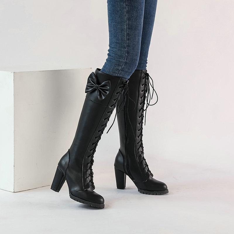 Fashion Girls Lolita Knee High Boots Female Chunky Heel Winter Shoes Lace Up Bow Japanese JK Uniform Cosplay Princess Party Shoe