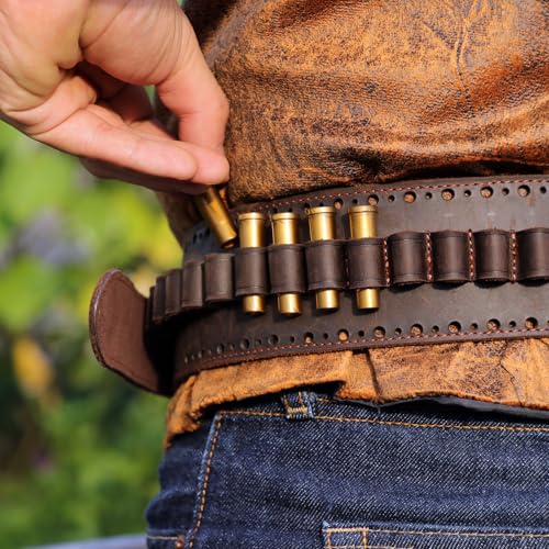 TOURBON Pistol Holster, Genuine Leather, with Bullet Belt, Revolver Gun Holster, Revolver Gun Belt