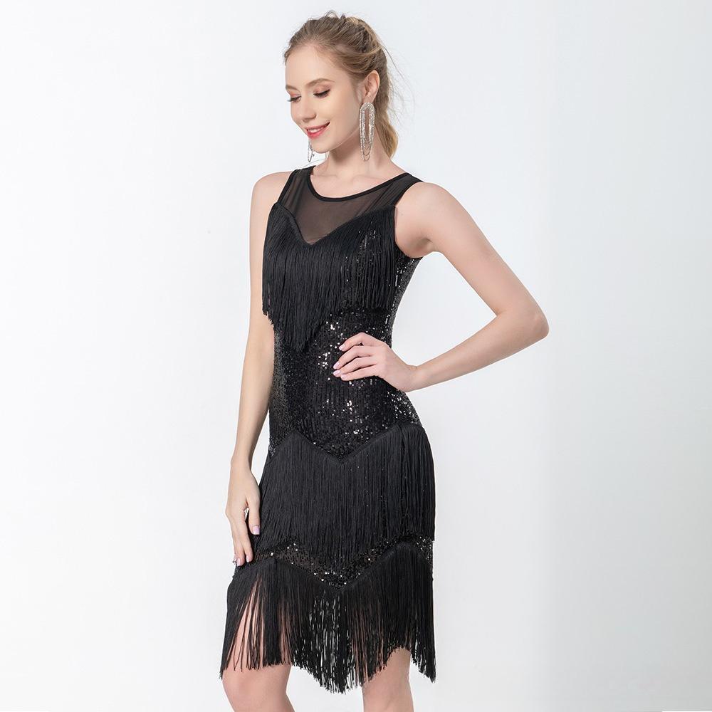Sequined Tassel Dress Female Latin Dance Dress Prom Party Dress Stage Dress Big Skirt
