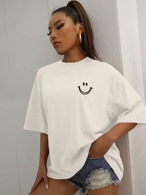 Happy Expression Printed Womens Cotton Short Sleeve Street Hip Hop Tee Clothing Allmath Breathable Tops Crewneck Woman TShirts