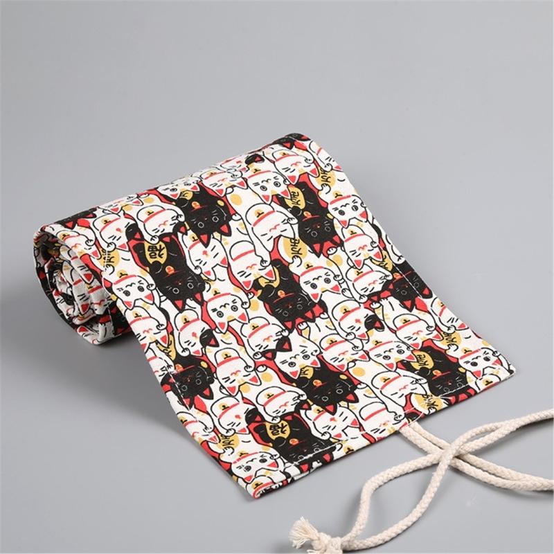 12/24/36/48 Holes Multifunctional Pencil Bag Canvas Pencil Case Lovely Animal Pencil Roll Canvas Pencil Wrap for Artists