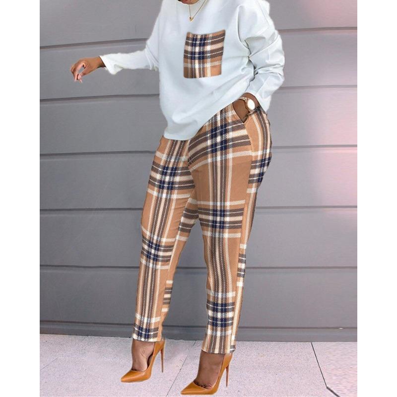 Women's Fashion Casual Spring Autumn Stripe Print Long Sleeve O-Neck Trousers Pants Suits