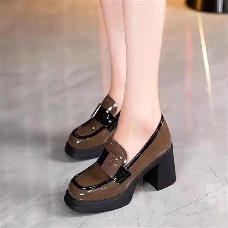 British style small leather shoes women's 2024 medium heel platform waterproof table patent leather retro versatile single shoes high heels tide ins