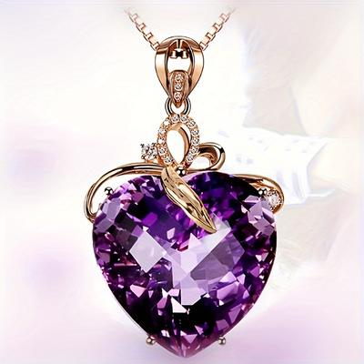 Heart Shaped Amethyst Pendant Necklace, Gold Plated Faux Gemstone Necklace, Creative Party Jewelry, Holiday Birthday Christmas Halloween Gift