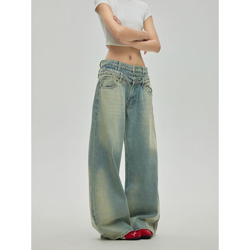 Black of Exit American-Style Washed Yellowed Vintage Straight-Leg Jeans with Unique Double-Waist Design Denim Pants