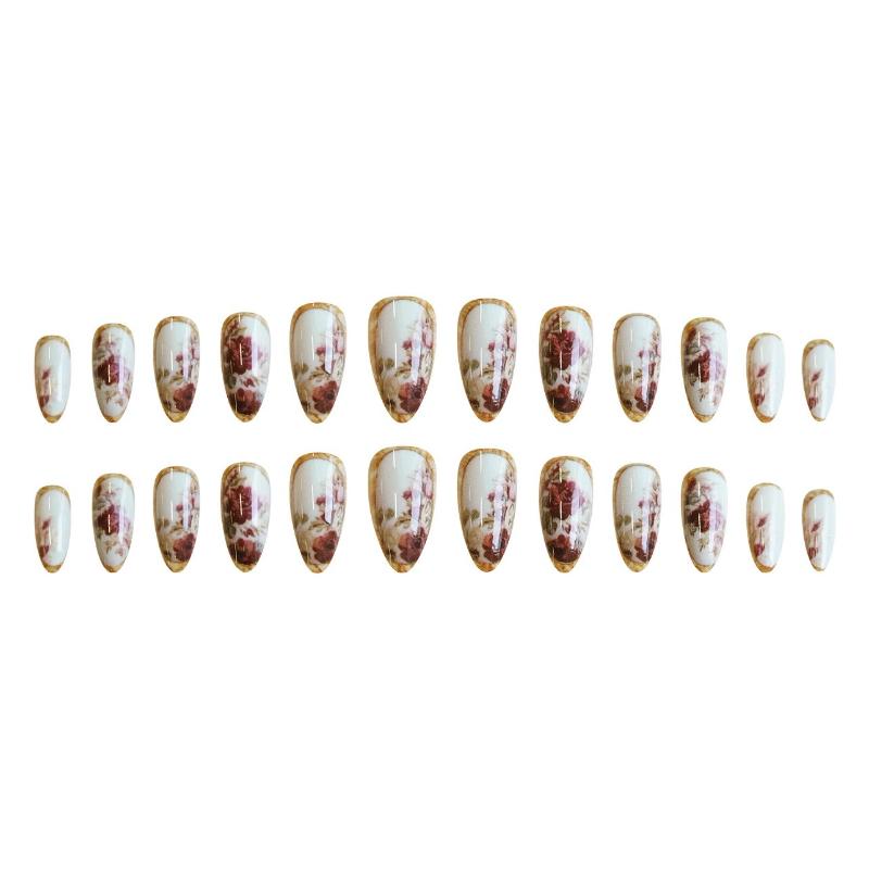 24Pcs Almond Press On Nails Gold Rose Floral Oil Paint Design Elegant Fake Nails For Women Gift