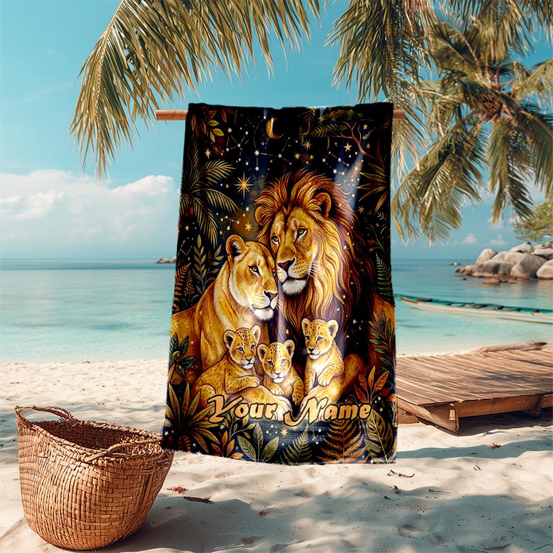 1PC Custom Name Lion Family Jungle Beach Towel Highly Absorbent And Sand-Resistant Towel for Swimming, Pool, Yoga, And Travel Lightweight