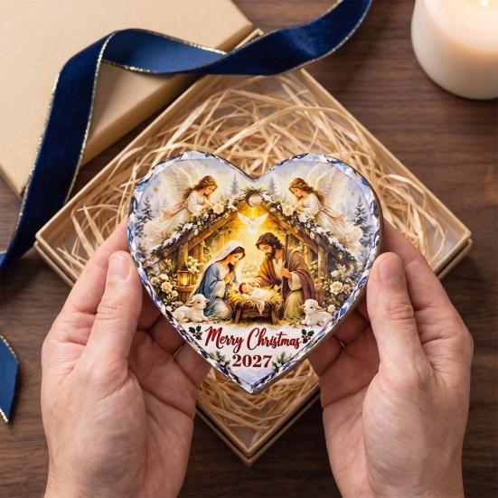 Heart Shaped Nativity Pendants Wooden Hanging Ornament for Christmas Tree Decorations, Retro Religious Vintage Style Holiday Tags Scene Garland