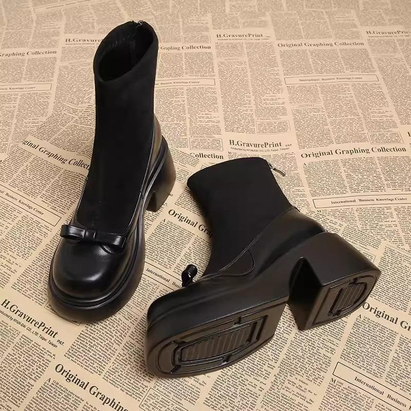 Short Boots Women's Autumn and Winter Thick Heels, New Autumn and Winter High Heels Thick-soled Martin Boots Elastic Thin Boots Tall