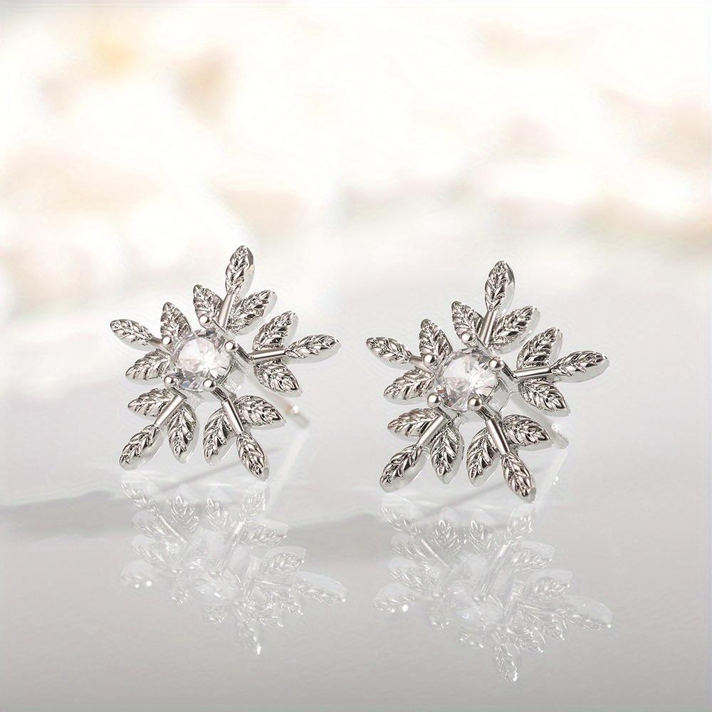 Silver Plated Leaf Snowflake CZ Stud Earrings, Sparkling Nature-Inspired Crystal Studs for Women