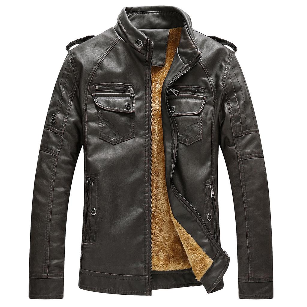 Men's Leather Jacket European and American Men's Velvet Warm Leather Jacket Washed Jacket