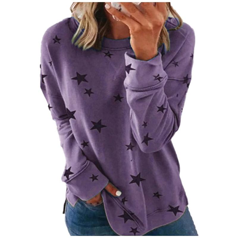 New European American Women's Loose Long-sleeved Star T-shirt Top Casual Versatile Print Pullover Sweatshirt