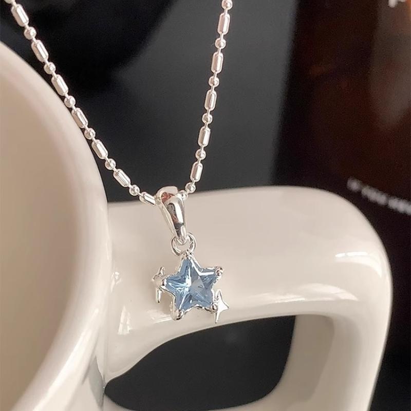 Shiny Blue Crystal Star Pendant Necklace for Women Girls Aesthetic Emo Zircon Charm Sweet Jewely Accessory Gift