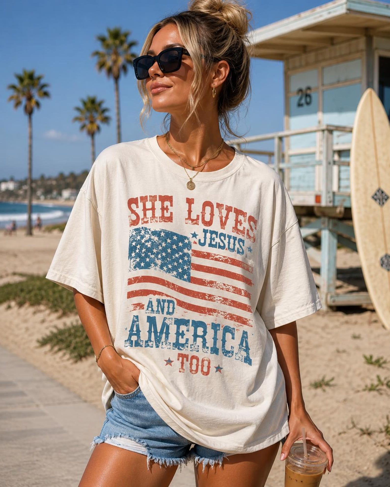 She Loves Jesus And America Too – Graphic Tee, Distressed Flag Shirt S