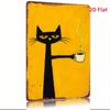 Vintage Black Cat with Coffee Cup Metal Wall Art X Inch Distressed Iron Rustic Decor for Indoor And Outdoor
