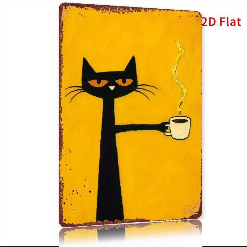 D Flat Vintage Black Cat Coffee Metal Wall Art Sign Rustic Iron Black Cat Holding Coffee Cup Weathered Indoor