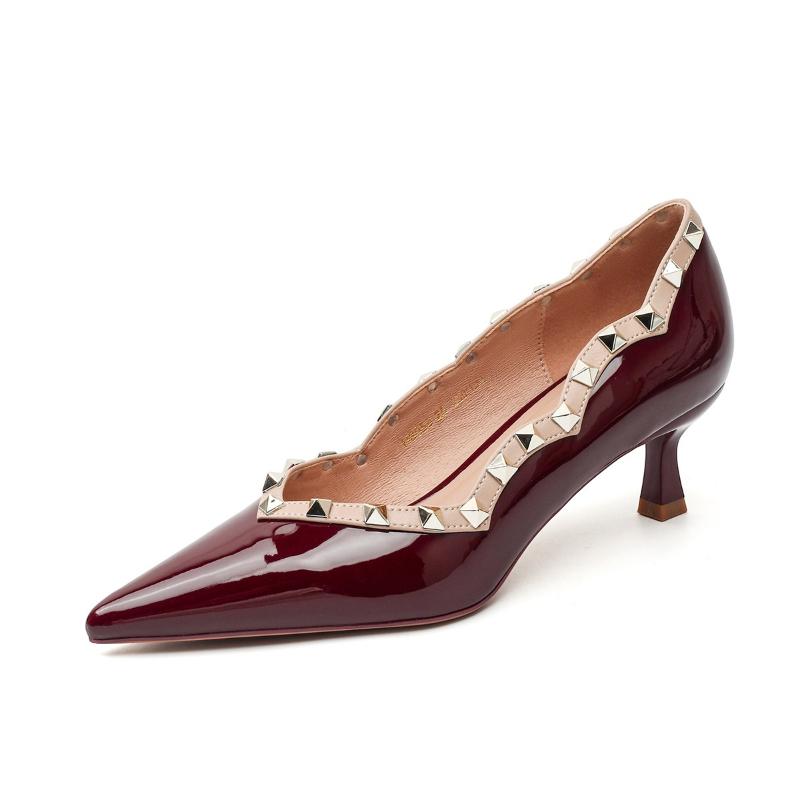 Fashion Women Lace Patent Pointed Toe Studded Stilettos Dress Shoes Breathable Comfortable Versatile Heels