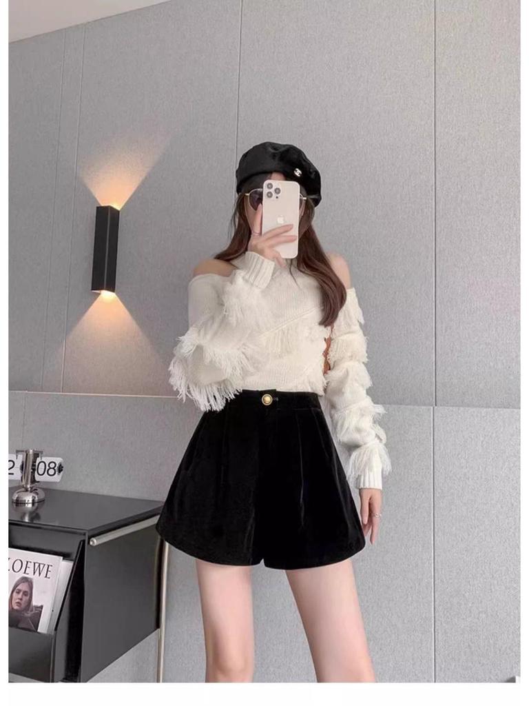 Gold Velvet High-Waist A-Line Bootcut Shorts, Autumn/Winter 2025 Collection - Slimming, Casual, Wide-Leg Design