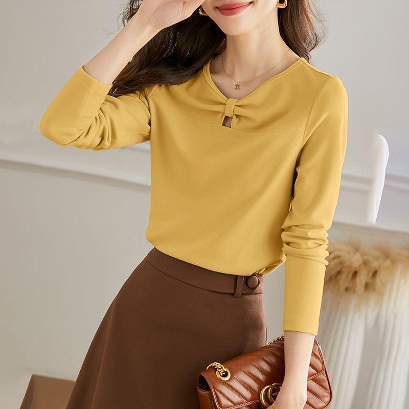 

YYFS Женская мода Повседневная весна-осень Однотонные принты Длинные рукава V-образный вырез Блузки и рубашки XXL