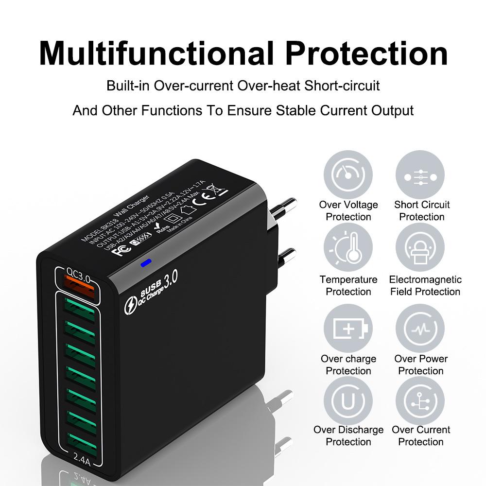 QC3.0 8-Port 30W Multi-USB Fast Charger for Mobile Phones - US/EU/KR Specs, High Power, Colorful Design