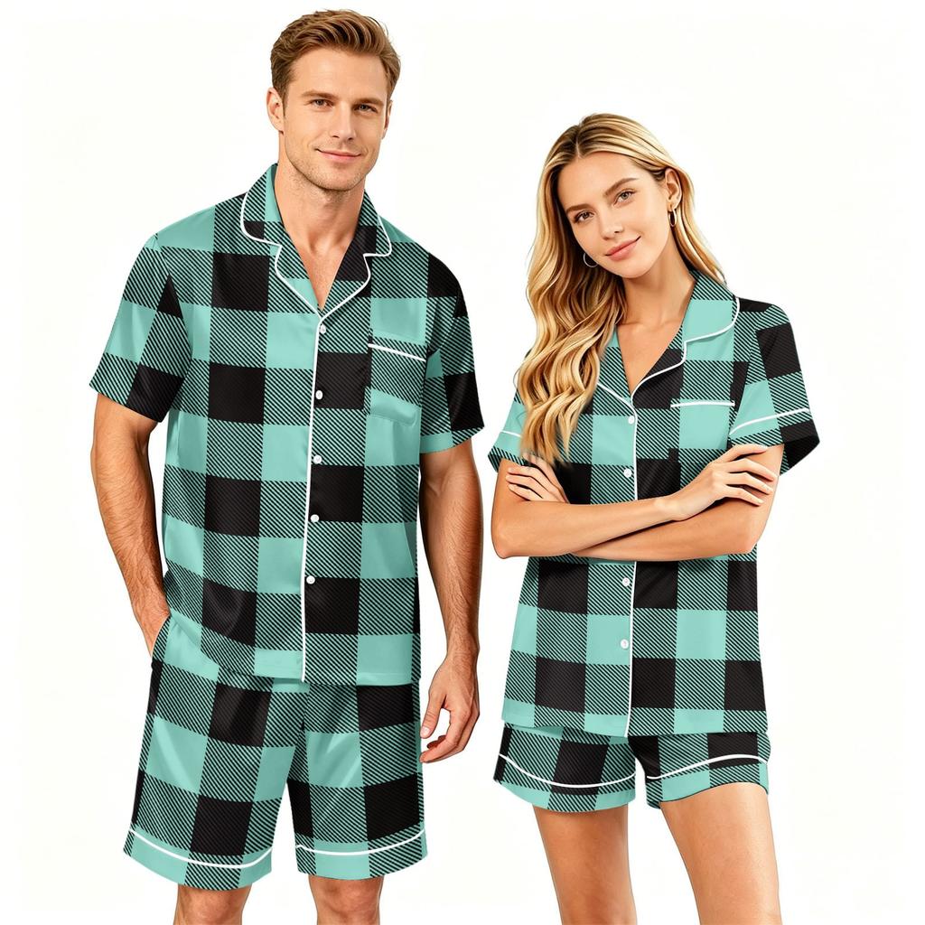 Couple Matching Pajama Set Short Sleeve Button Down Shirt with Hem and Shorts Set Soft Casual Sleepwear Available In Sizes S To XXXXL
