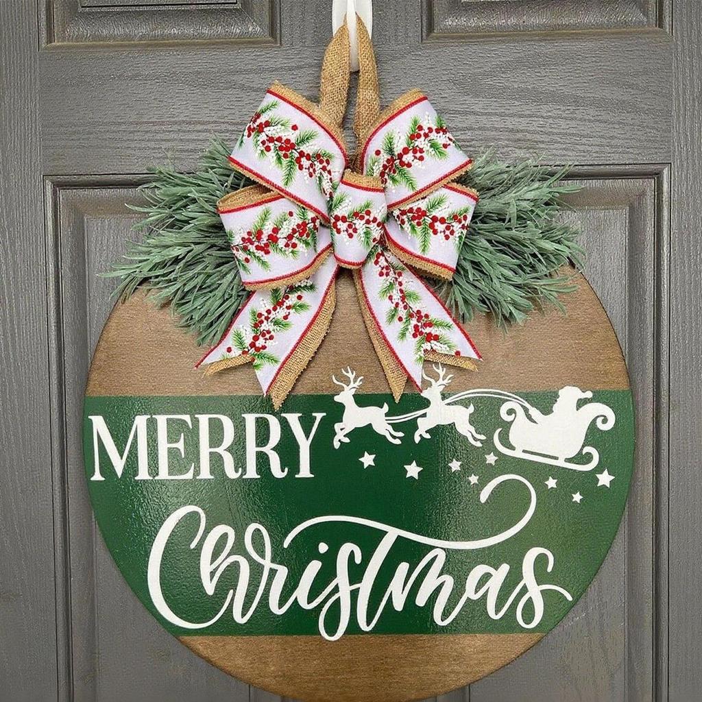 Christmas Door Signs Wooden Front Door Signs Craft With Bow And Fake Plant Reindeer Pattern For Living Room Party Yard