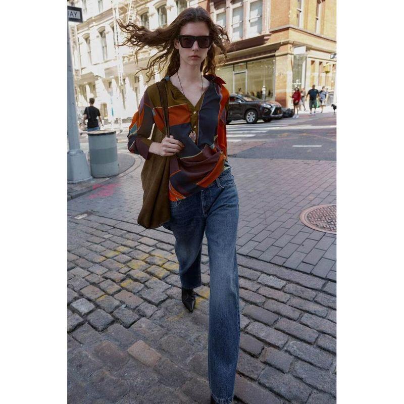 Za Autumn New Women clothes 2025 Western Style Fashion Print Double Placket Long sleeve Shirts 9058199 330