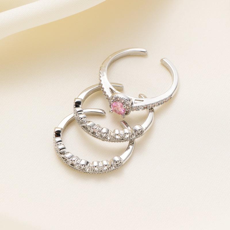 

3 Pcs Light Luxury Micro Inlaid Women s Pink Main Zircon Surround Adjustable Fashionable Versatile Finger Birthday Gift Adjustable opening розовый цвет-серебро