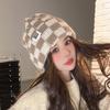Checkerboard Plaid Knitted Hat for Women In Autumn and Winter Korean Style Niche Big Head Wool Hat Japanese Face Showing Small Christmas Hat