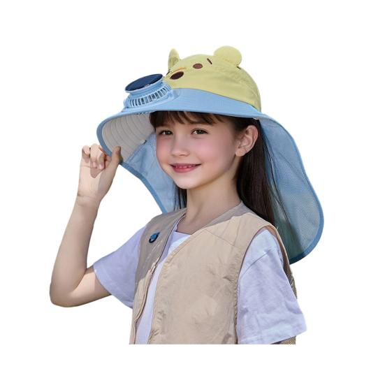Kids Hat with Solar USB Powered Fan Cartoon Styling Shawl Design Adjustable Outdoor Hiking Cycling Fishing Cap