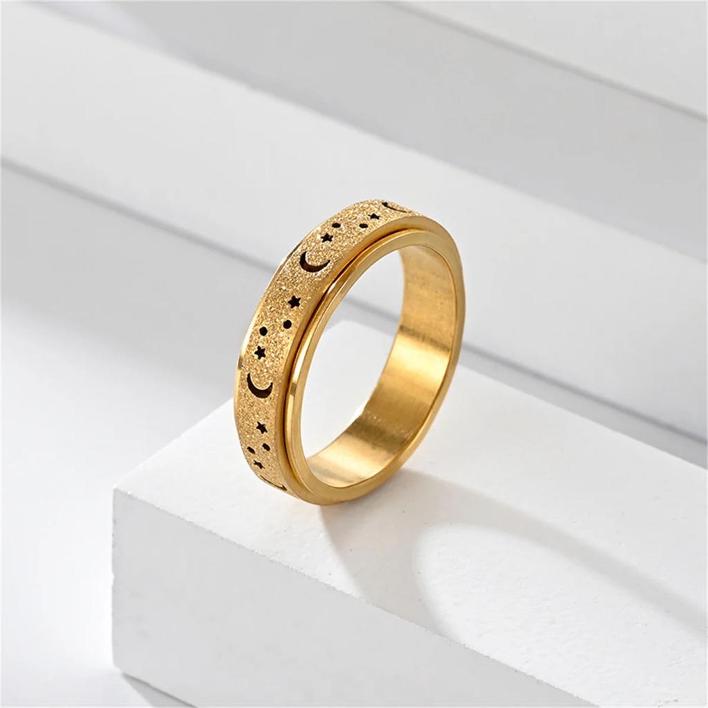 Frosted Stainless Steel Moon And Star Fidget Rings For Men Anti Stress And Anxiety Rotating Ring Fidget Metal Spinner Anillos