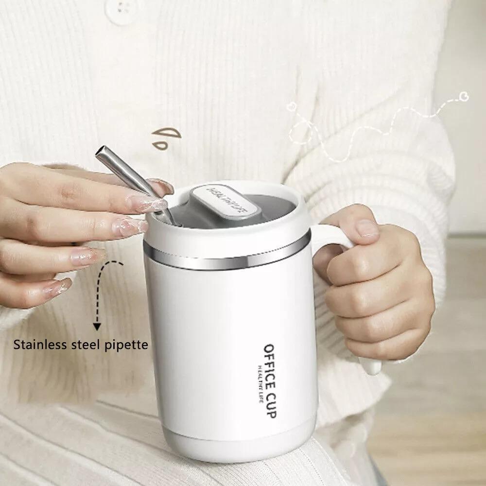 500ML Isolierte Kaffeetasse Reisebecher Thermosflasche aus Edelstahl mit Strohhalm