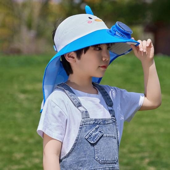 Kids Hat with Solar USB Powered Fan Cartoon Styling Shawl Design Adjustable Outdoor Hiking Cycling Fishing Cap
