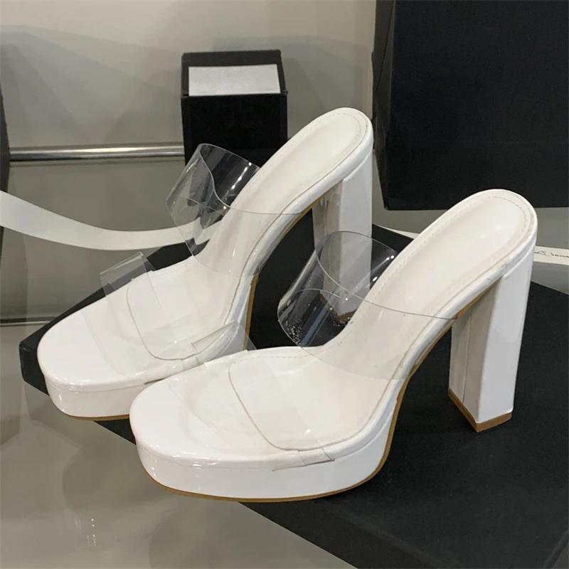Eilyken Summer PVC Transparent Square Toe Slippers Women Chunky Heels Party Dress Slide Shoes Zapatos De Mujer