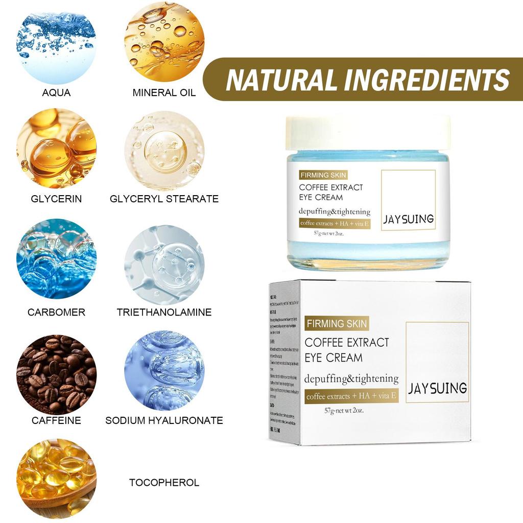 Jaysuing Coffee Firming Eye Cream, reduces fine lines, dark spots, and dark circles; firms, moisturizes, and hydrates; suitable for the eye area, 57g