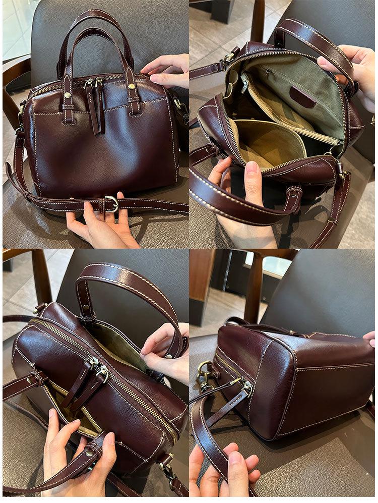 Temperamentvolle Dame Echtes Leder Boston Kissen Umhängetasche: Stilvolles, strukturiertes Oberleder aus pflanzlich gegerbtem Rindsleder für Damen