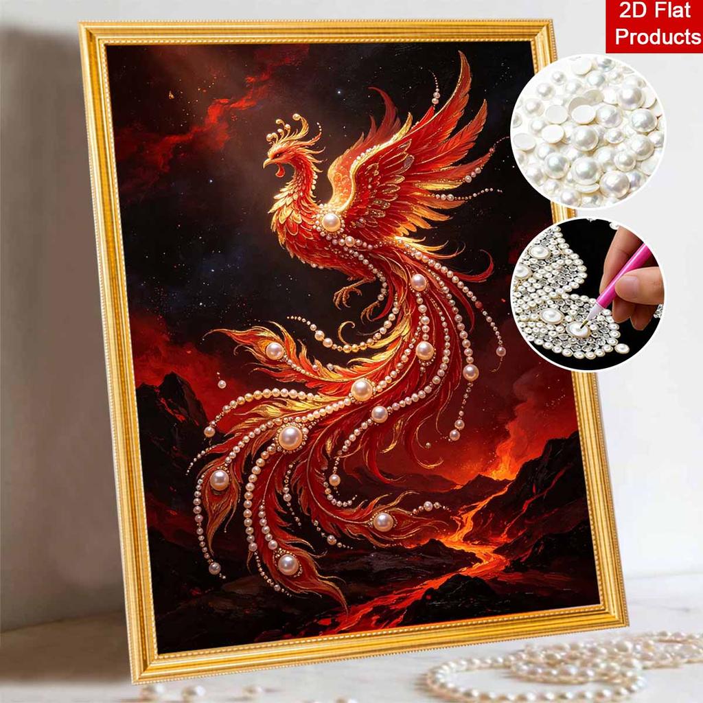 DIY 5D Pearl Bead Painting Kit with Frame Phoenix Fire Bird Shiny Canvas Art for Bedroom Wall Decor and Gift for Home Office Living Room Decor