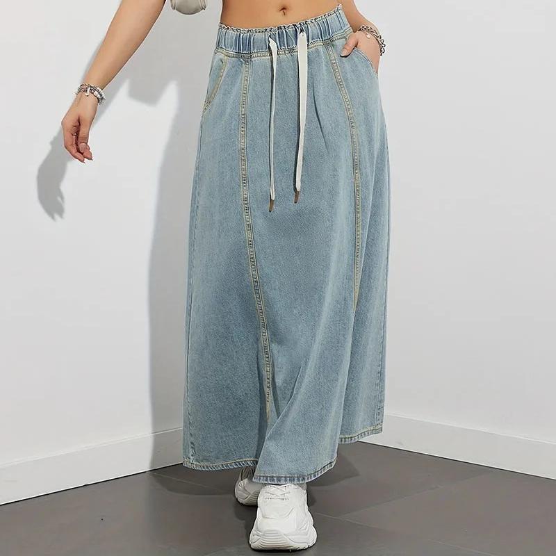 DongCMY Women's Denim Long Skirts Elastic Waist Loose Solid Color High Waist Big Skirt Denim Skirt Women Casual Dress Streetwear