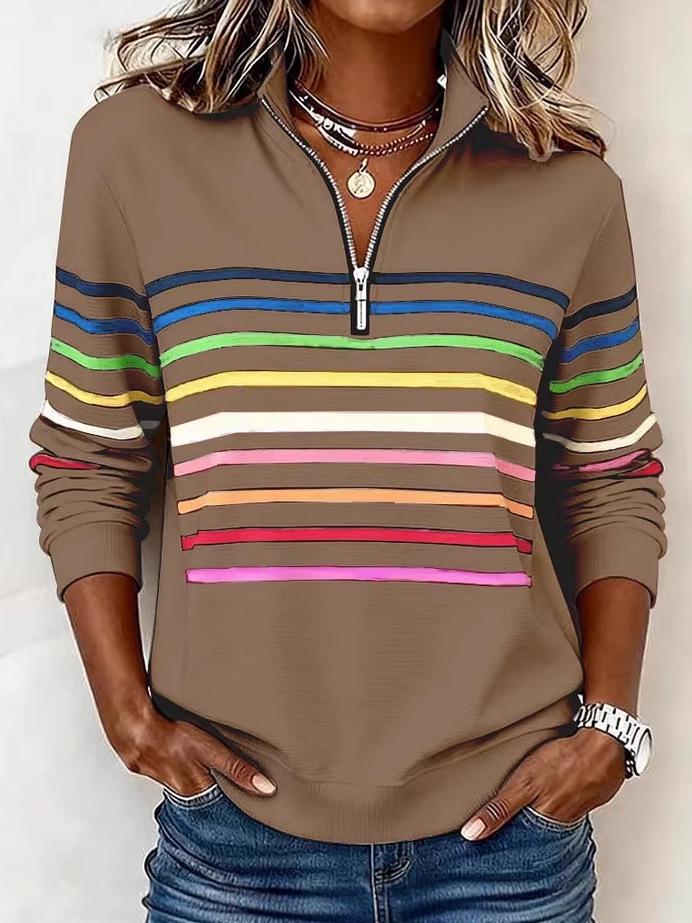 3D-Druck gestreifter Reißverschluss Pullover Hoodie für Damen