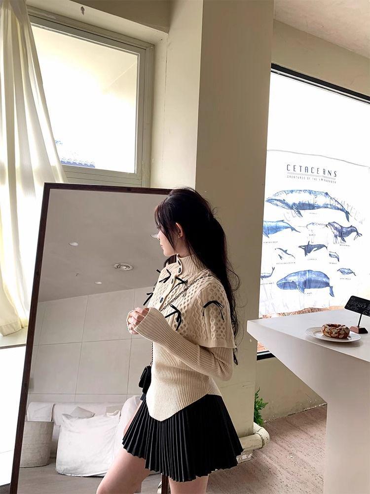 Maillard Style Women's Slim Fit Poncho Cape Bow Knitwear for Autumn/Winter