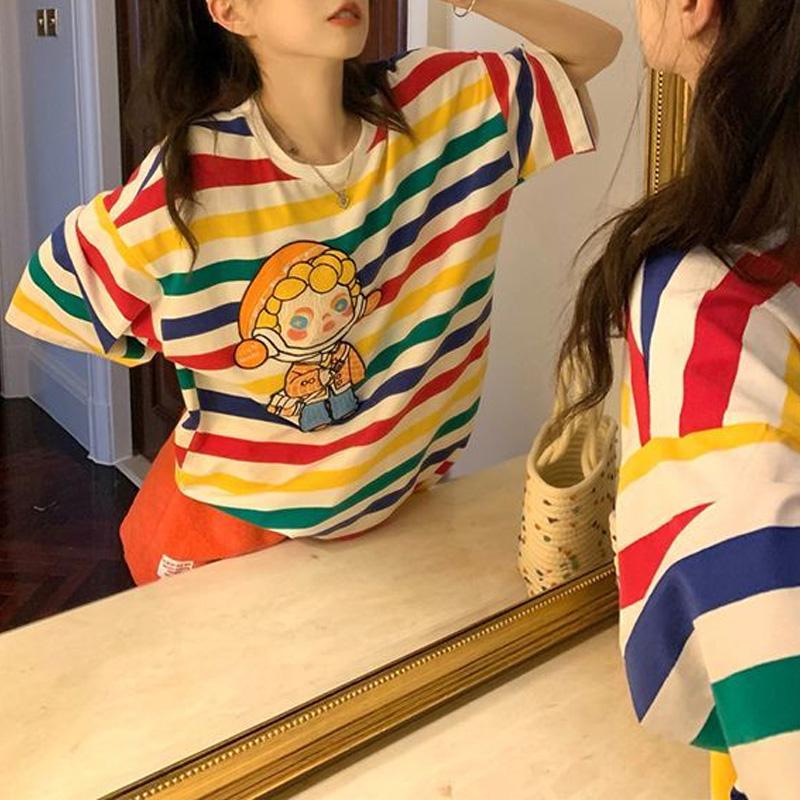 Sommerlich Verspieltes Regenbogenstreifen Cartoon Dreidimensionale Dekoration Locker Lässig Rundhals Kurzarm Oversize T-Shirt