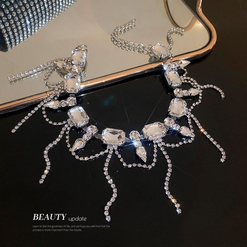 Exaggerated diamond-set fringed necklace temperament collarbone chain ins elegant and cold style necklace women
